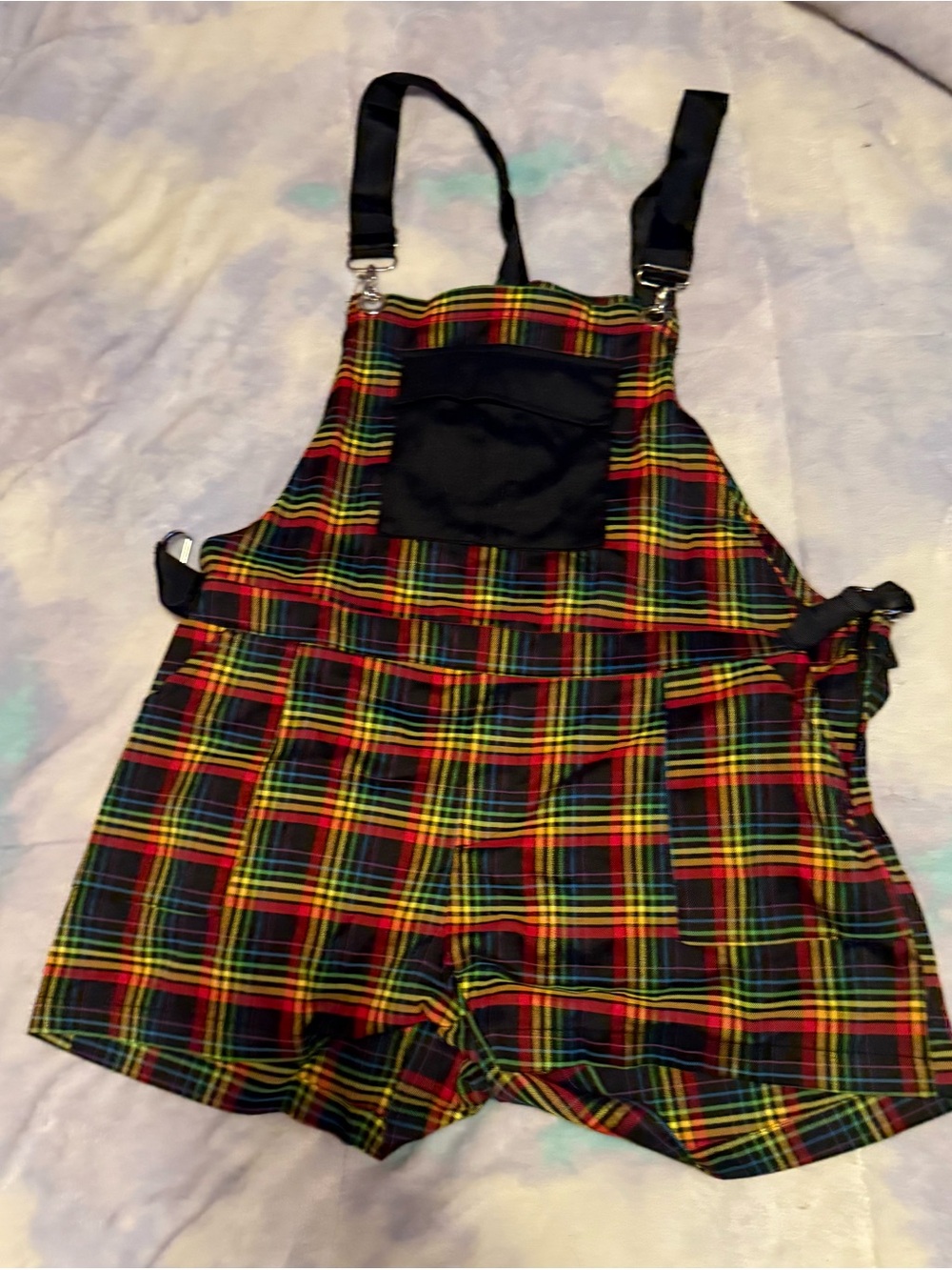 Hot Topic Black Red Yellow Plaid Short Jumpsuit Overalls